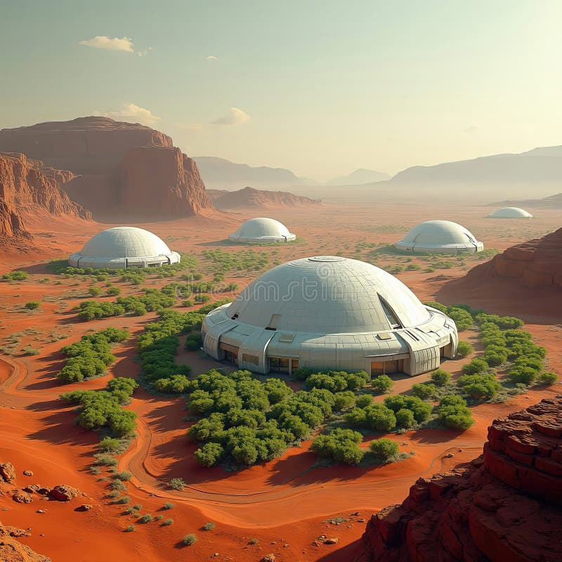 Domed buildings are nestled among desert terrain, surrounded by sparse greenery. This futuristic settlement suggests advanced living in an arid environment, blending architecture with nature. Sparse use stock images, royalty-free photos and pictures
