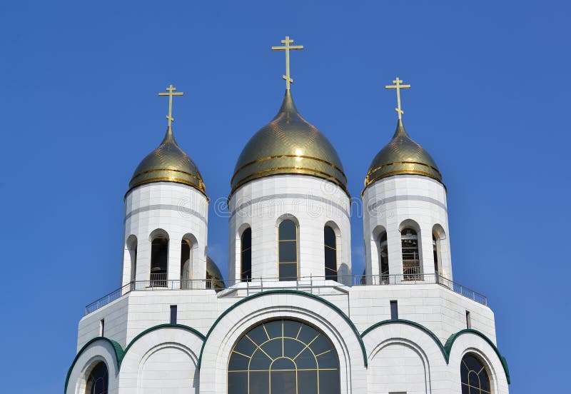 Domes of the Cathedral of Christ the Saviour against the sky. Kaliningrad