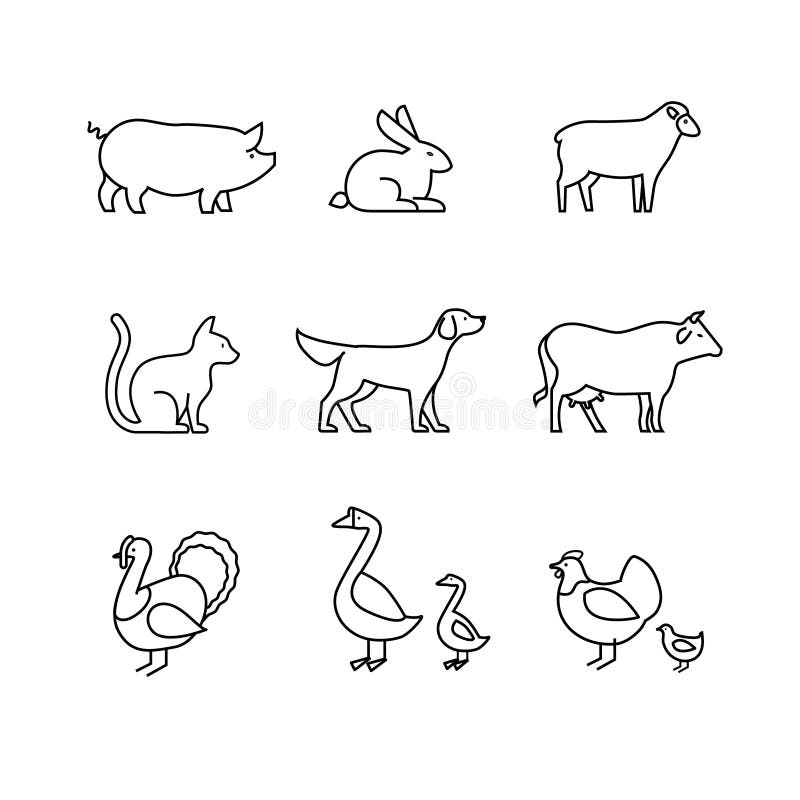 Download Domestic And Farm Animals Thin Line Art Icons Set Stock ...