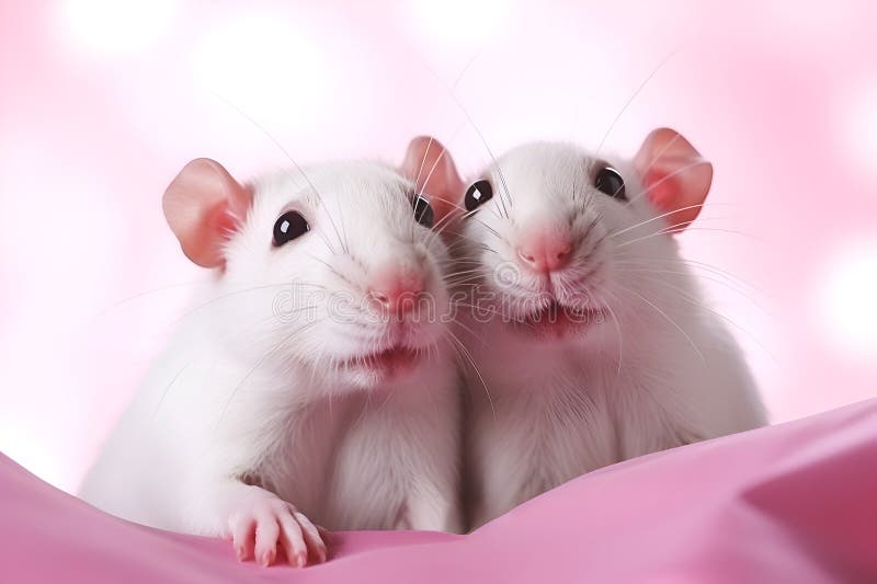 Domestic rats. Two funny confused rats on pink background with copy space. Comical white rats with curious faces. Cute animals hug stock illustration
