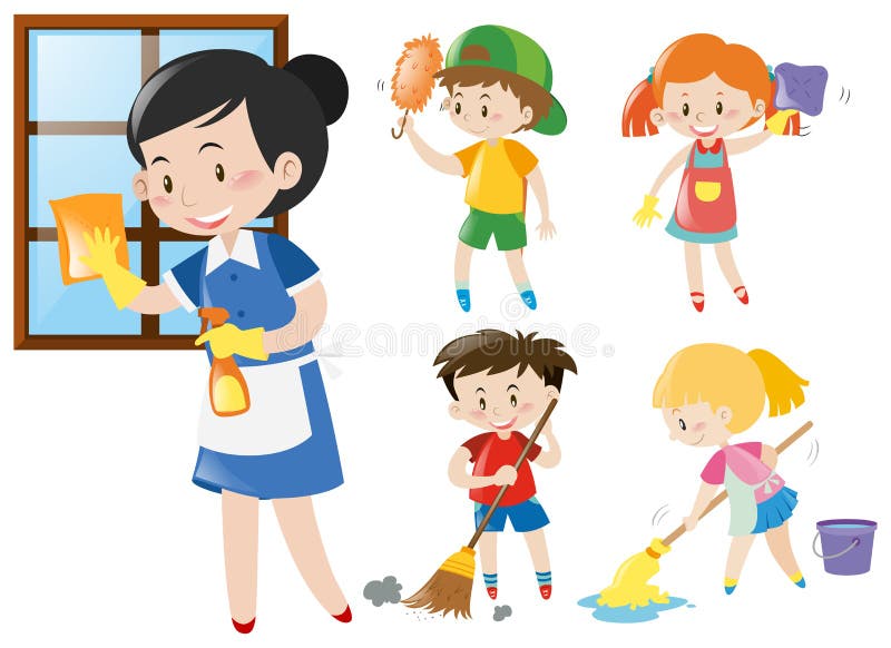 Domestique et enfants faisant des corvées illustration de vecteur Domestique et enfants faisant des corvées illustration de vecteur