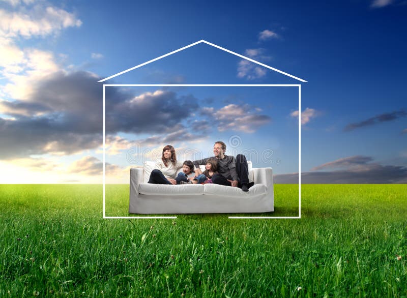 Happy family seated on a couch in a grass field and surrounded by home drawing. Happy family seated on a couch in a grass field and surrounded by home drawing