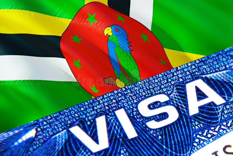 Dominica visa document close up. Passport visa on Dominica flag. Dominica visitor visa in passport,3D rendering. Dominica multi stock illustration