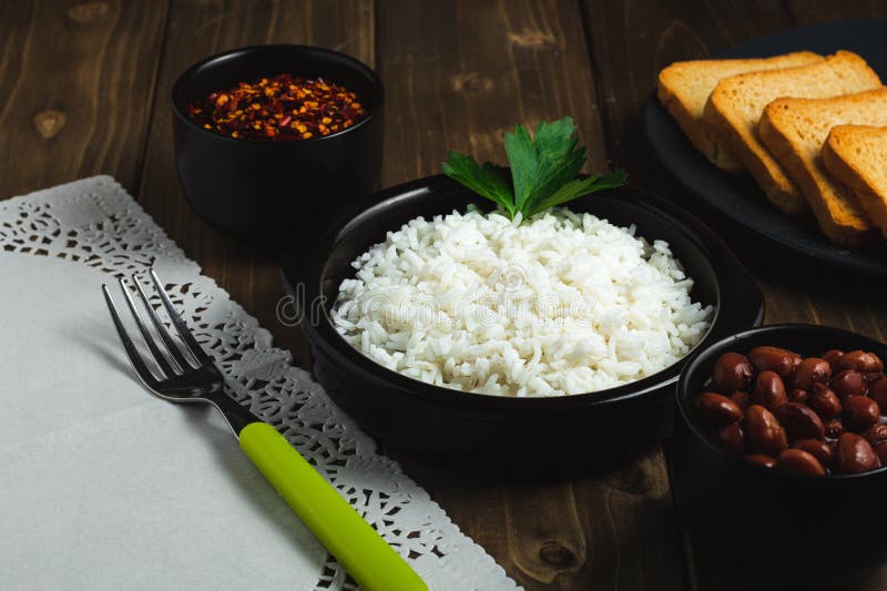 Dominican Food with White Rice and Varius Spices Stock Photo - Image of