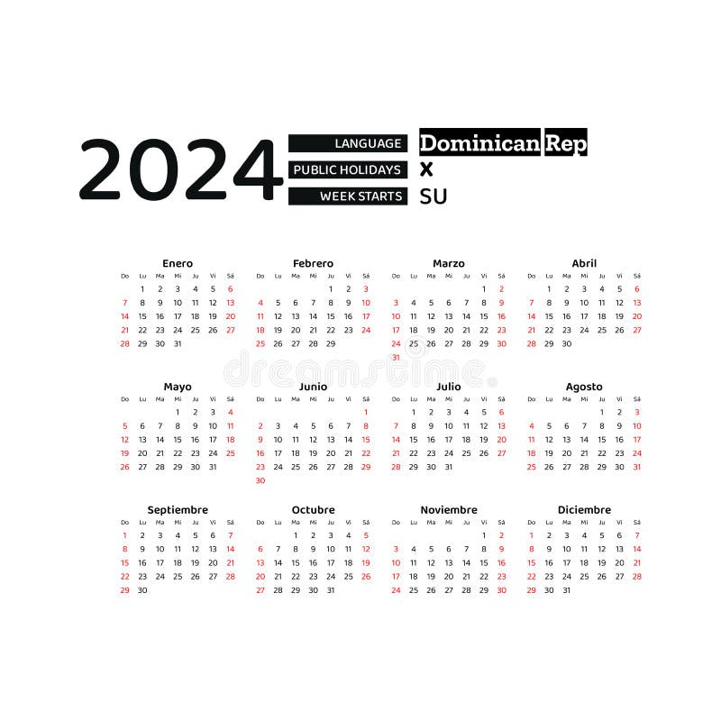 Dominican Republic Calendar 2024. Week Starts from Sunday. Vector