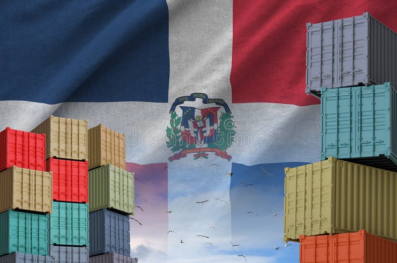 Dominican Republic Flag and Big Stack of Shipping Cargo Containers in
