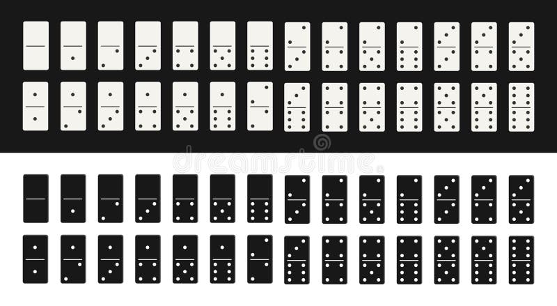 Domino game. Chip of dominoes. White and black domino icon isolated on board. Set of block for gambling. Full series of wooden