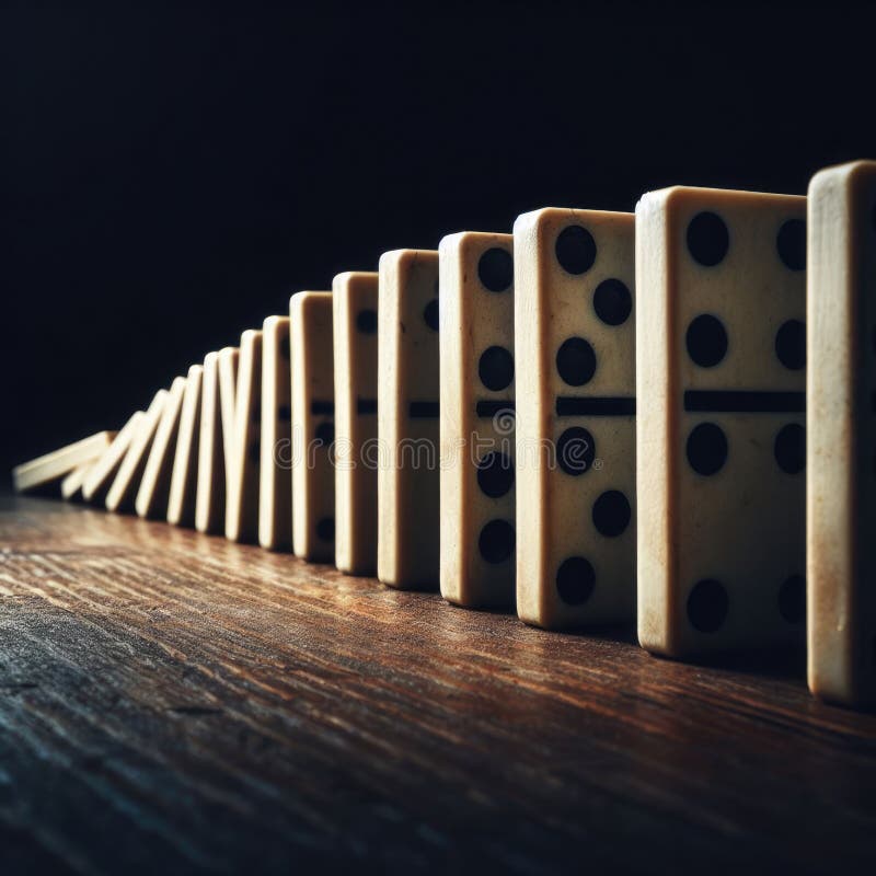 Dominoes topping in a line in dark environment copy space royalty free stock photography