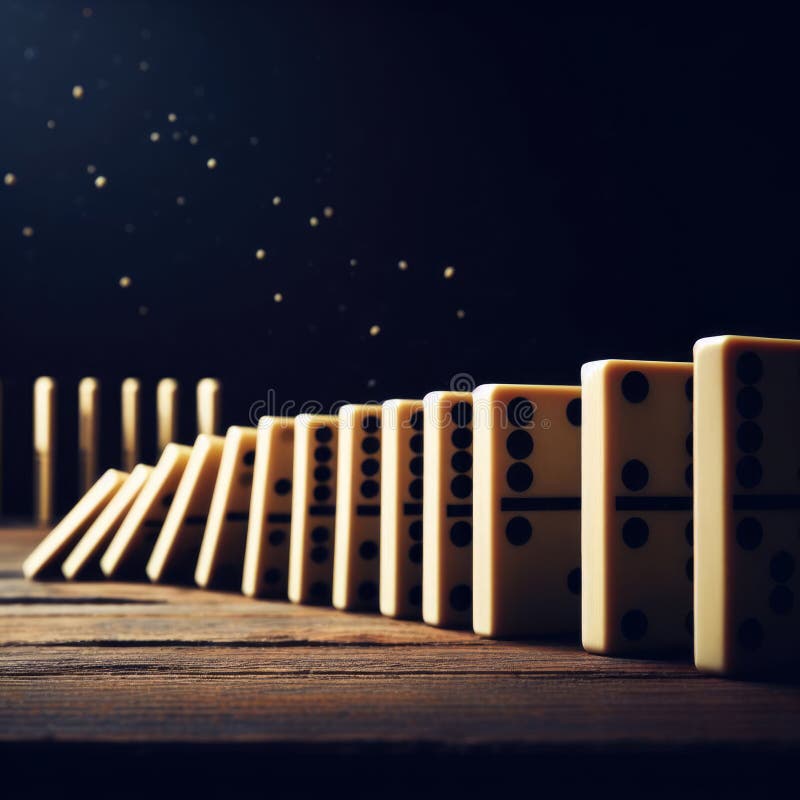 Dominoes topping in a line in dark environment copy space stock images