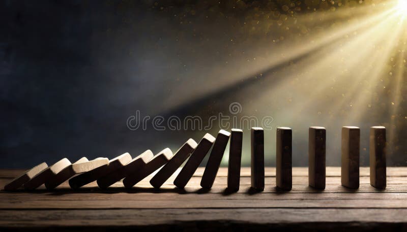 Dominoes topping in a line in dark environment copy space royalty free stock photography