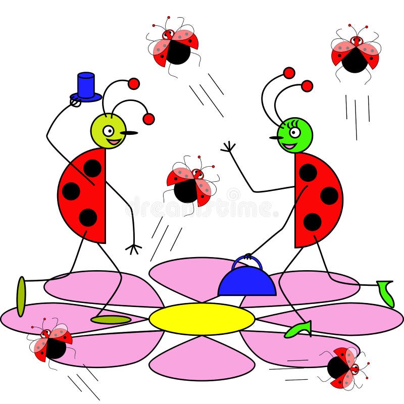 Domnul și doamna Ladybugs s-au întâlnit cu o floare mare. stock illustration