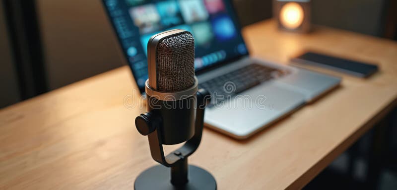 Domowe studio podcast wnętrze z mikrofonowym laptopem na stole. W sprawie łączności z lampą powietrzną. Nagrywanie programu radiow zdjęcia stock