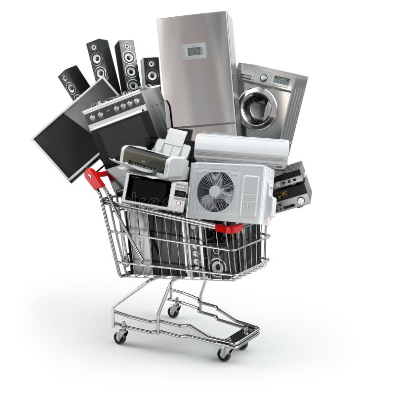 Domowi urządzenia w wózek na zakupy Handel elektroniczny lub online shopp ilustracja wektor Domowi urządzenia w wózek na zakupy Handel elektroniczny lub online shopp ilustracja wektor