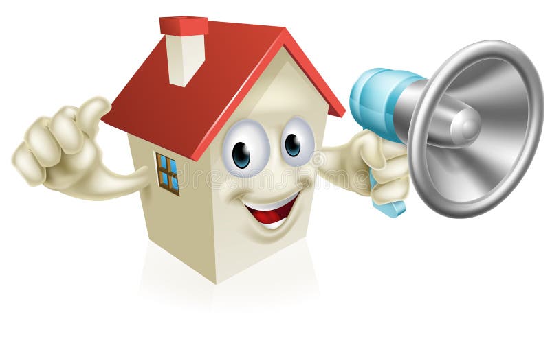 An illustration of a cartoon house character holding a megaphone and giving a thumbs up. Concept for, real estate, auction or other. An illustration of a cartoon house character holding a megaphone and giving a thumbs up. Concept for, real estate, auction or other