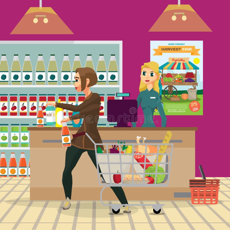 A dona de casa da jovem mulher em um supermercado apresenta compras da ilustração royalty free A dona de casa da jovem mulher em um supermercado apresenta compras da ilustração royalty free