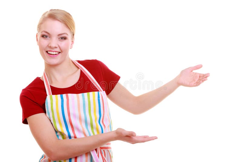 Dona de casa ou empregada de mesa que fazem o avental bem-vindo de convite da cozinha do gesto isolado imagem de stock Dona de casa ou empregada de mesa que fazem o avental bem-vindo de convite da cozinha do gesto isolado imagem de stock