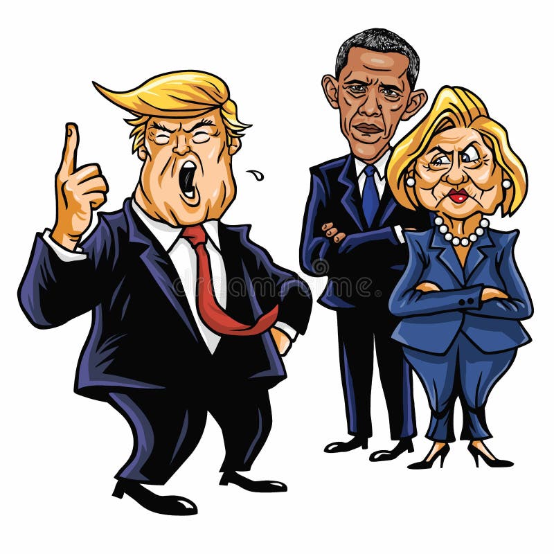 Donald Trump, Hillary Clinton, e Barack Obama Ilustração do vetor da caricatura dos desenhos animados 29 de junho de 2017