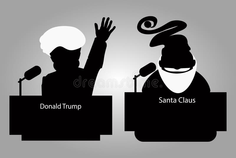Donald Trump and Santa Claus of a tribune silhouettes an icon for interview, hand up. speaker press conference. The microphone royalty free illustration Donald Trump and Santa Claus of a tribune silhouettes an icon for interview, hand up. speaker press conference. The microphone royalty free illustration