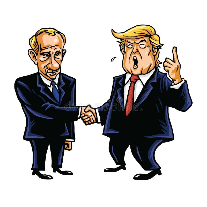 Donald Trump Shakes Hands com Vladimir Putin Ilustração do vetor da caricatura dos desenhos animados 26 de outubro de 2017