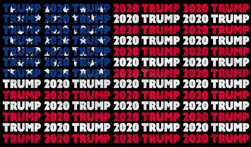 A Donald Trump 2020 text illustration design aligned with the red, white and blue stars and stripes of the American flag