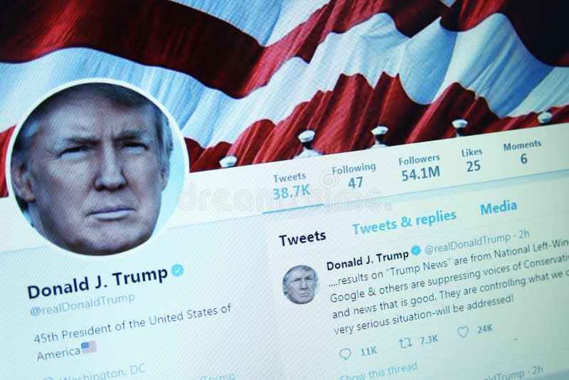 Twitter profile of President of United States of America Donald Trump on computer screen. Twitter profile of President of United States of America Donald Trump on computer screen