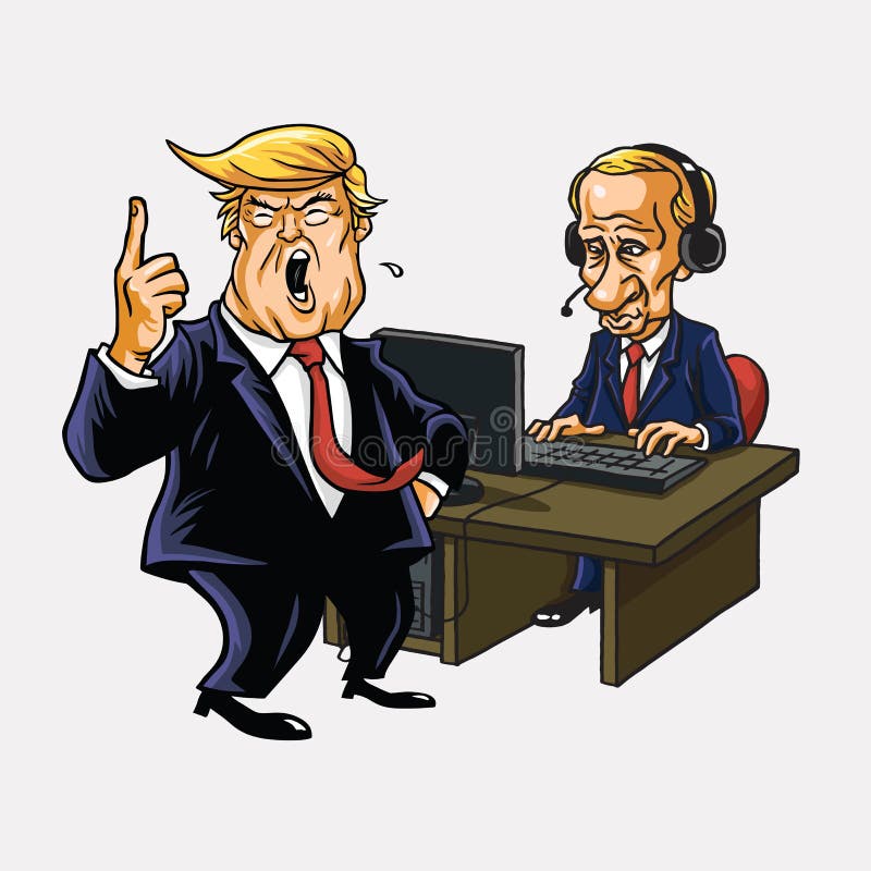 Donald Trump And Vladimir Putin na frente de seu computador Desenhos animados do vetor