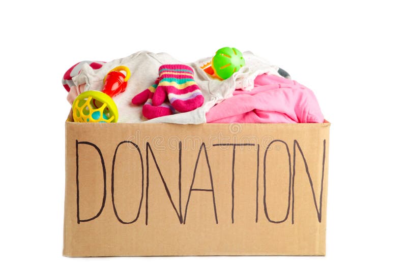 Donation Box with Baby Kid Toys, Books, Clothing for Charity on Light