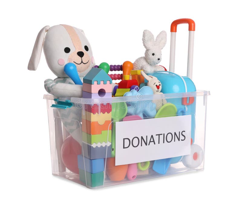 Donation Box Full of Different Toys Isolated on White Stock Photo