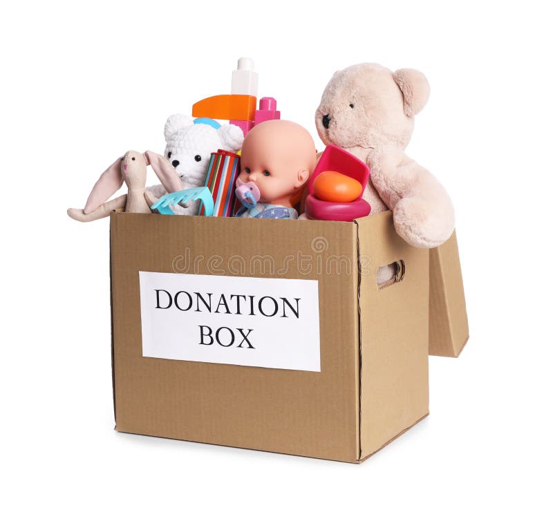 Donation Box Full of Different Toys Isolated on White Stock Image
