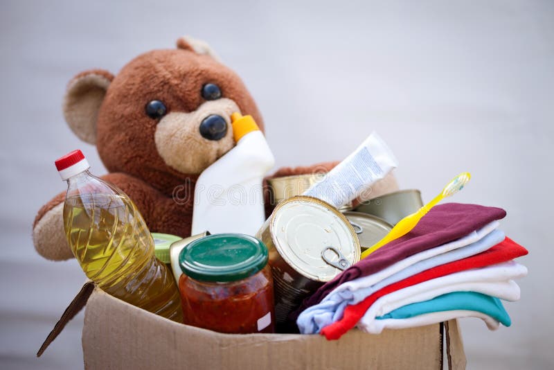 Donation box with stuff stock photo