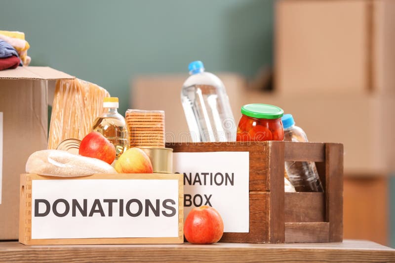 Donation Box with Food on Table Stock Photo Image of preserves