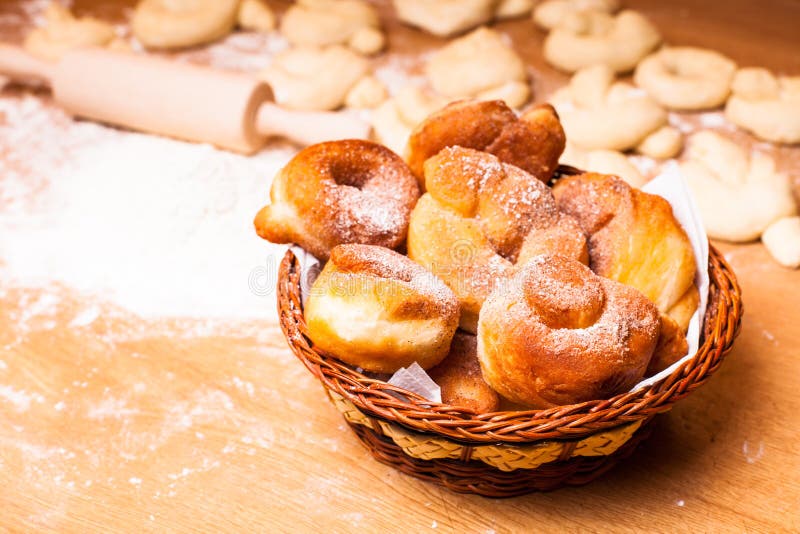Donats in basket stock photos