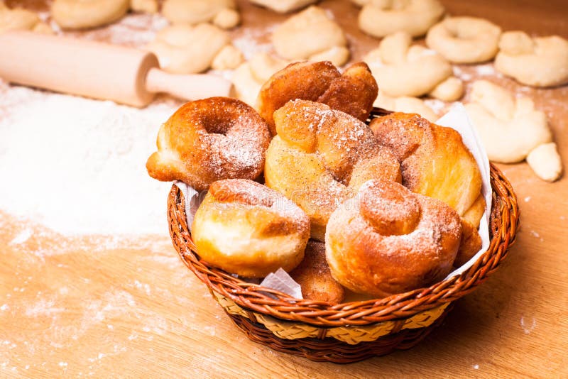 Donats in basket royalty free stock photos