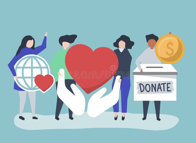 People carrying donation and charity related icons. People carrying donation and charity related icons