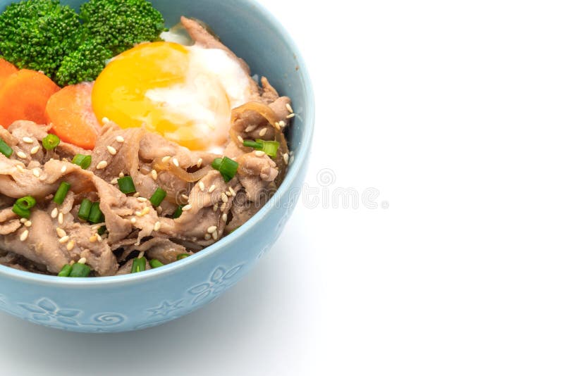 Donburi, Pork Rice Bowl with Onsen Egg and Vegetable Stock Photo