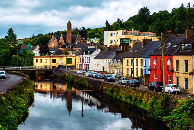 Beautiful landscape in Donegal, Ireland with river and colorful houses