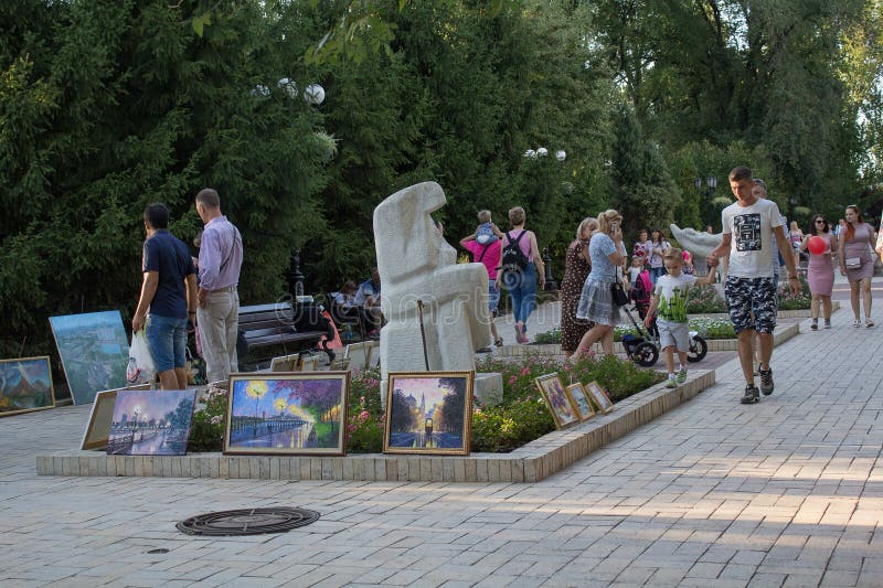 Donetsk, Ukraine - August 26, 2008: Townspeople stroll on Pushkin Boulevard