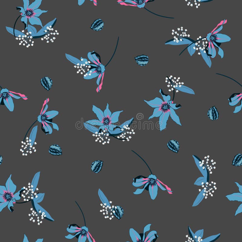 Donker de Bloesem Bloemenpatroon van de suumertuin in botan bloeien stock illustratie Donker de Bloesem Bloemenpatroon van de suumertuin in botan bloeien stock illustratie