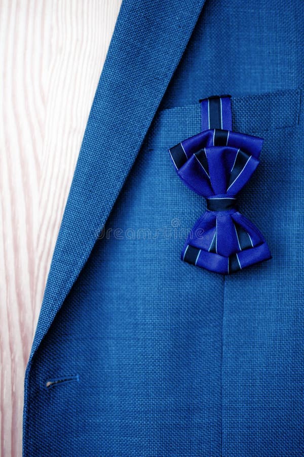 Donkerblauwe vlinderdas met zwarte strepen die uit blauw kostuum jasje` s zak hangen stock fotografie Donkerblauwe vlinderdas met zwarte strepen die uit blauw kostuum jasje` s zak hangen stock fotografie