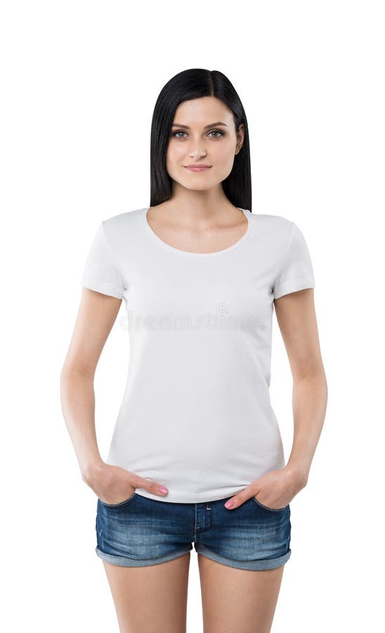 Donkerbruin meisje in een witte t-shirt en denimborrels stock afbeelding Donkerbruin meisje in een witte t-shirt en denimborrels stock afbeelding