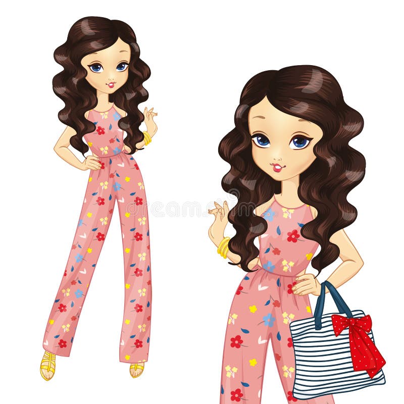 Brunette meisje in een lange overall vector illustratie