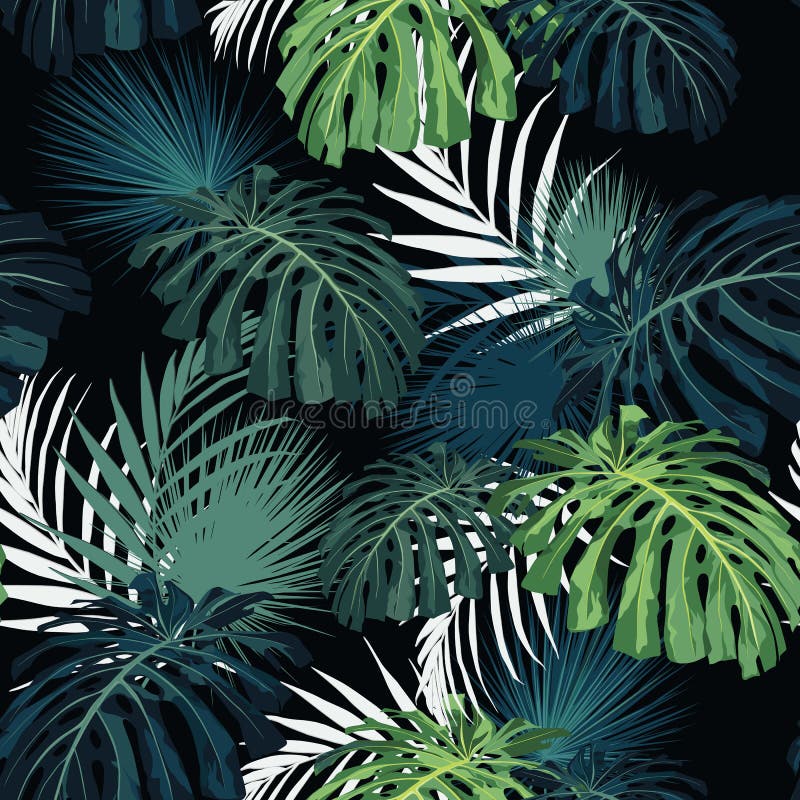 Donkere en heldere tropische bladeren met wildernisinstallaties Naadloos vector tropisch patroon met groene palm en monstera