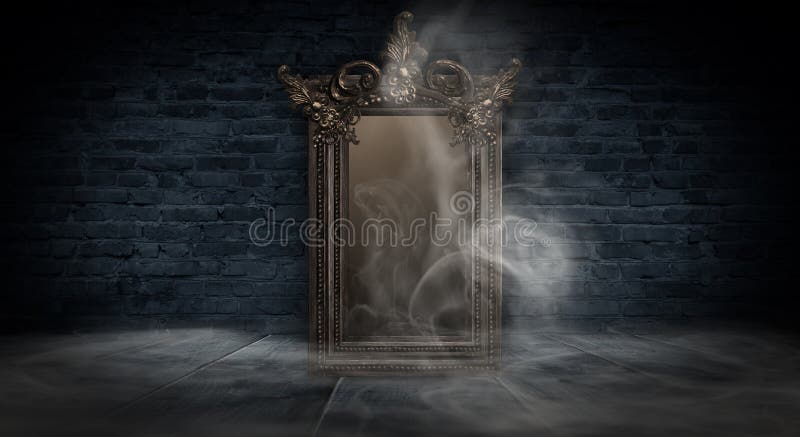 Dark room, a magical antique mirror. Night view of the room, fantasy. Dark abstract background with a mirror. Neon light, smoke, smog, magic dust. Dark room, a magical antique mirror. Night view of the room, fantasy. Dark abstract background with a mirror. Neon light, smoke, smog, magic dust.