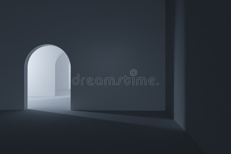 Donkere kamer met een gloeiende en heldere deur, 3d weergave