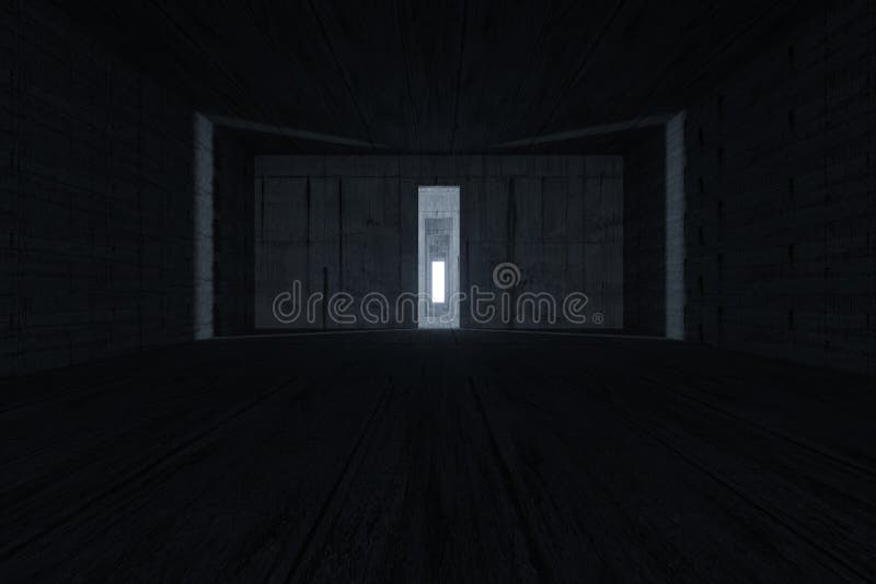 Donkere kamer met een gloeiende en heldere deur, 3d weergave