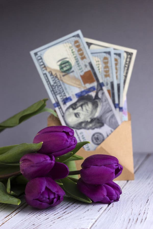 Donkere lilac tulpen en de geldbankbiljetten de V.S. op een witte houten achtergrond stock foto Donkere lilac tulpen en de geldbankbiljetten de V.S. op een witte houten achtergrond stock foto