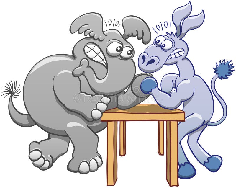 Aggressive donkey and elephant posing their elbows on a small table, staring at each other, clenching their teeth and confronting their strength by practicing arm wrestling. Aggressive donkey and elephant posing their elbows on a small table, staring at each other, clenching their teeth and confronting their strength by practicing arm wrestling