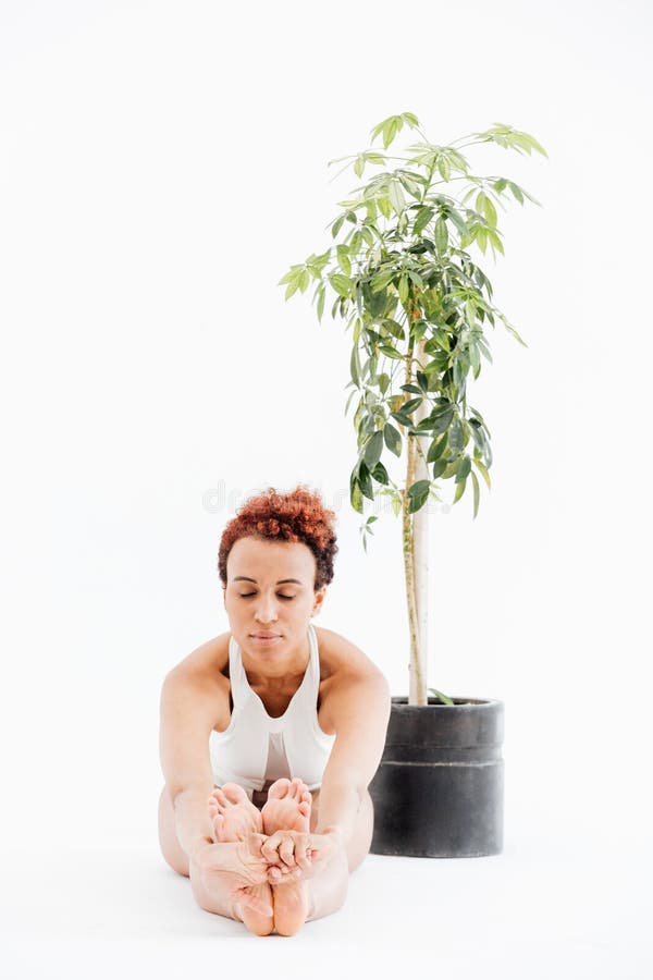 Donna africana che si siede vicino all'albero in vaso e che fa yoga immagine stock Donna africana che si siede vicino all'albero in vaso e che fa yoga immagine stock