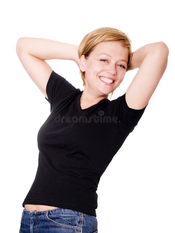 Donna bionda sorridente su sfondo bianco immagini stock