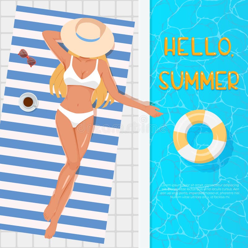 Donna in cappello che prende il sole sull'asciugamano di spiaggia vicino alla piscina Concetto di vacanze estive Punto di vista s illustrazione di stock Donna in cappello che prende il sole sull'asciugamano di spiaggia vicino alla piscina Concetto di vacanze estive Punto di vista s illustrazione di stock